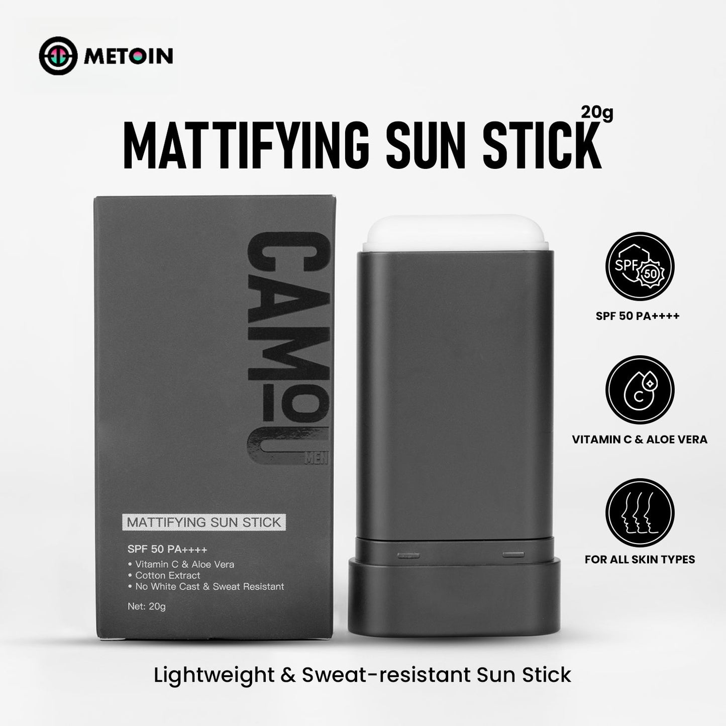 20g METOIN Men's Mattifying Sun Stick SPF50 PA++++ Oil Control No White Cast Vitamin C Sweat Resistant Aloe Vera Cotton Extract Sunscreen