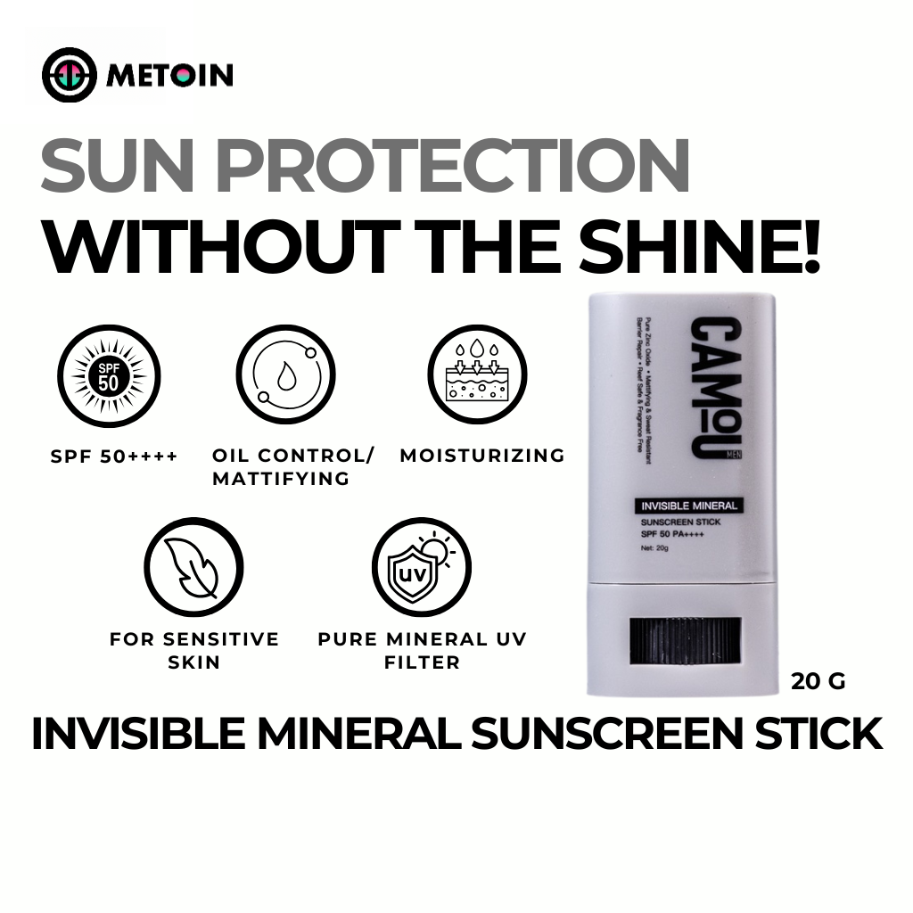 20g METOIN Men's Mattifying Sun Stick SPF50 PA++++ Oil Control No White Cast Vitamin C Sweat Resistant Aloe Vera Cotton Extract Sunscreen