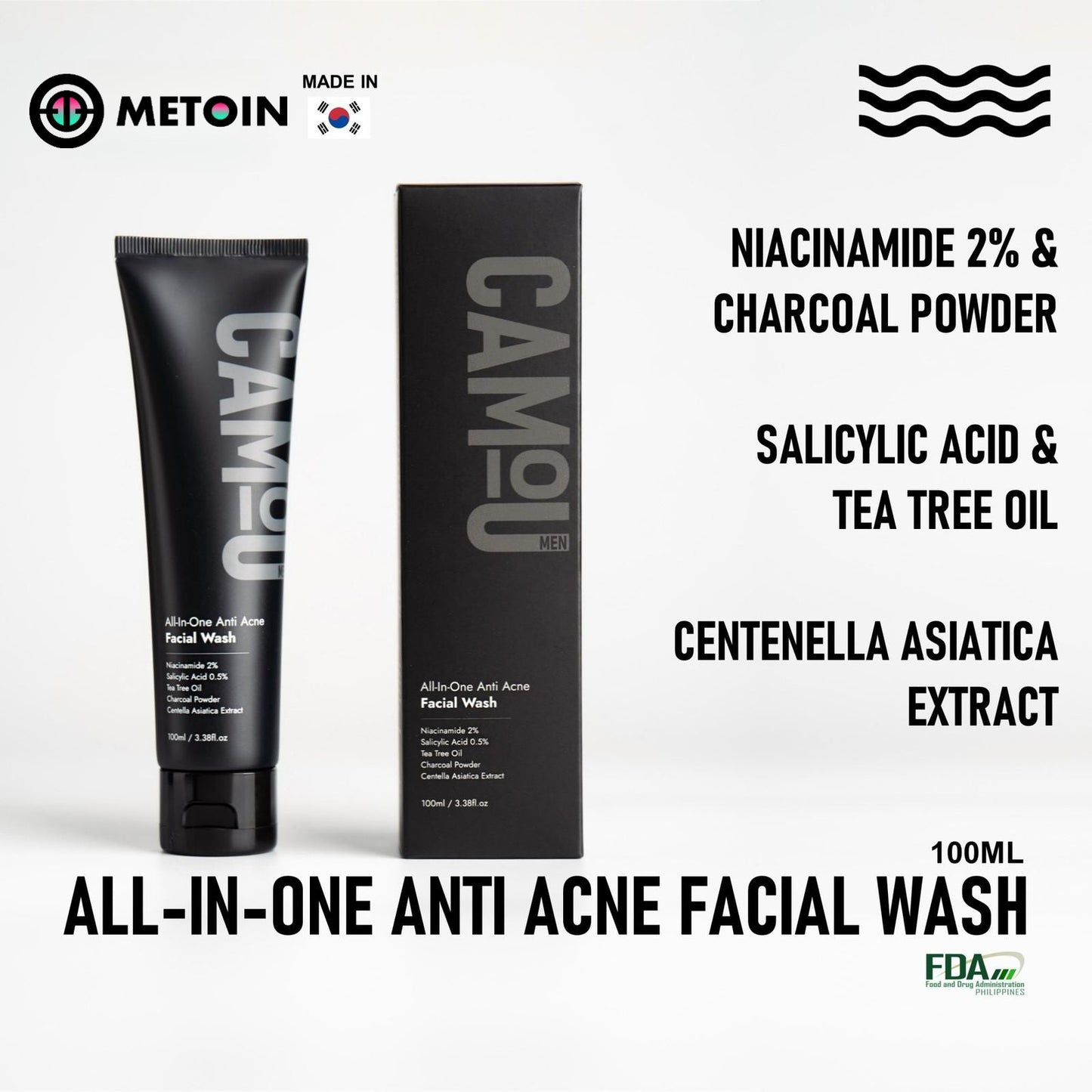 100ml Metoin Facial Wash 0.5% Salicylic 2% Niacinamide All-In-One Anti Acne Tea Tree Oil Centella Asiatica Extract Charcoal Powder Skincare Cleansing Cleanser Facial Cleansing Bright Clear Oil Control Pore Squeeze Tightening Skin Repair Salicylic Acid
