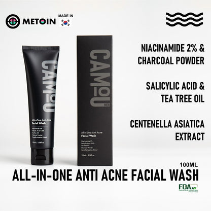100ml Metoin Facial Wash 0.5% Salicylic 2% Niacinamide All-In-One Anti Acne Tea Tree Oil Centella Asiatica Extract Charcoal Powder Skincare Cleansing Cleanser Facial Cleansing Bright Clear Oil Control Pore Squeeze Tightening Skin Repair Salicylic Acid
