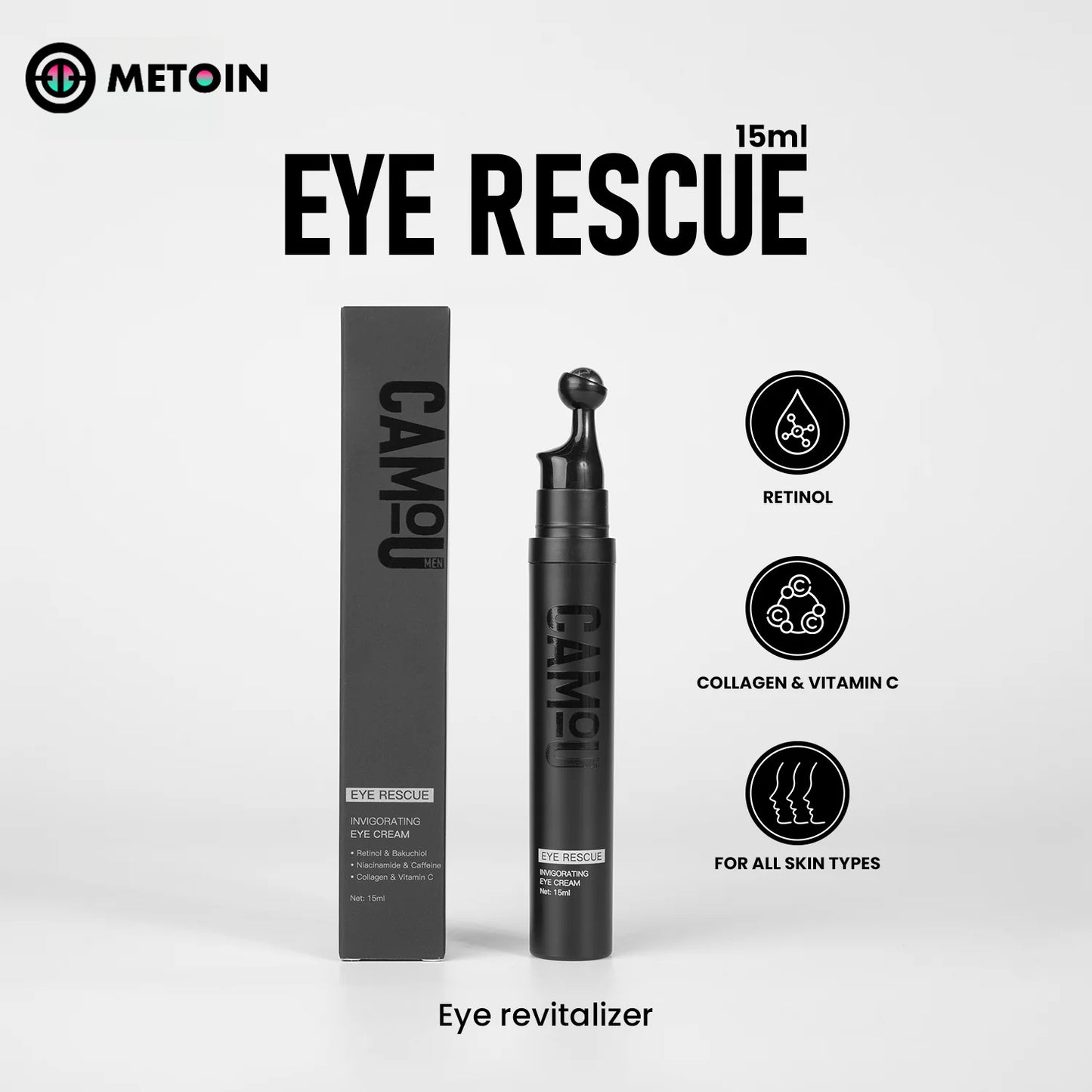 Metoin Men's Eye Rescue Invigorating Eye Cream with Metal Applicator Collagen Retinol Bakuchiol Niacinamide Caffeine