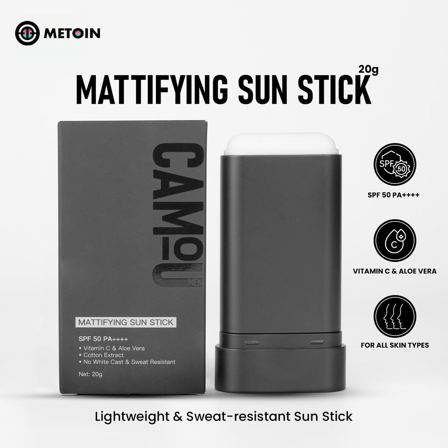 20g METOIN Men's Mattifying Sun Stick SPF50 PA++++ Oil Control No White Cast Vitamin C Sweat Resistant Aloe Vera Cotton Extract Sunscreen
