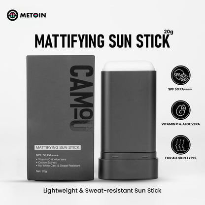 20g METOIN Men's Mattifying Sun Stick SPF50 PA++++ Oil Control No White Cast Vitamin C Sweat Resistant Aloe Vera Cotton Extract Sunscreen