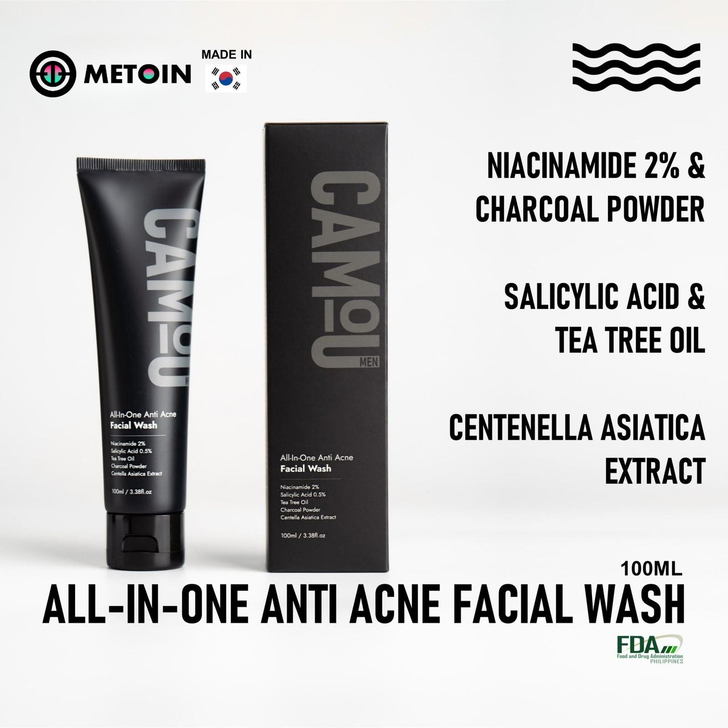 100ml Metoin Facial Wash 0.5% Salicylic 2% Niacinamide All-In-One Anti Acne Tea Tree Oil Centella Asiatica Extract Charcoal Powder Skincare Cleansing Cleanser Facial Cleansing Bright Clear Oil Control Pore Squeeze Tightening Skin Repair Salicylic Acid