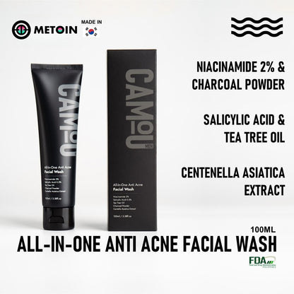 100ml Metoin Facial Wash 0.5% Salicylic 2% Niacinamide All-In-One Anti Acne Tea Tree Oil Centella Asiatica Extract Charcoal Powder Skincare Cleansing Cleanser Facial Cleansing Bright Clear Oil Control Pore Squeeze Tightening Skin Repair Salicylic Acid