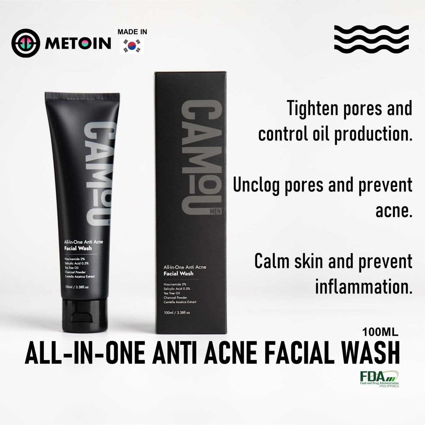 100ml Metoin Facial Wash 0.5% Salicylic 2% Niacinamide All-In-One Anti Acne Tea Tree Oil Centella Asiatica Extract Charcoal Powder Skincare Cleansing Cleanser Facial Cleansing Bright Clear Oil Control Pore Squeeze Tightening Skin Repair Salicylic Acid