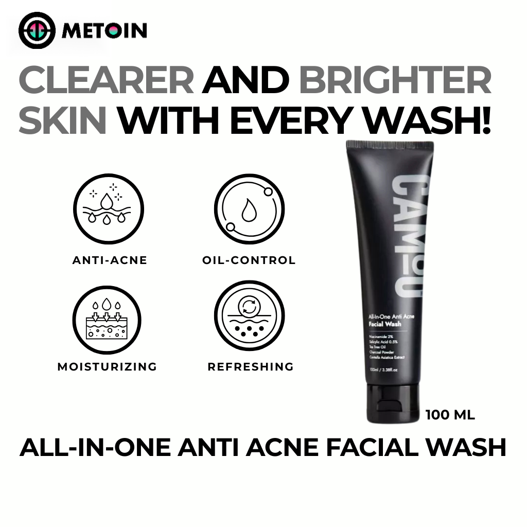 100ml Metoin Facial Wash 0.5% Salicylic 2% Niacinamide All-In-One Anti Acne Tea Tree Oil Centella Asiatica Extract Charcoal Powder Skincare Cleansing Cleanser Facial Cleansing Bright Clear Oil Control Pore Squeeze Tightening Skin Repair Salicylic Acid