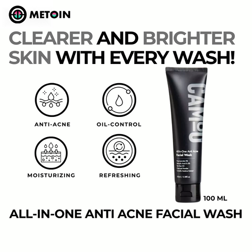100ml Metoin Facial Wash 0.5% Salicylic 2% Niacinamide All-In-One Anti Acne Tea Tree Oil Centella Asiatica Extract Charcoal Powder Skincare Cleansing Cleanser Facial Cleansing Bright Clear Oil Control Pore Squeeze Tightening Skin Repair Salicylic Acid