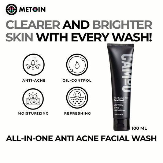 100ml Metoin Facial Wash 0.5% Salicylic 2% Niacinamide All-In-One Anti Acne Tea Tree Oil Centella Asiatica Extract Charcoal Powder Skincare Cleansing Cleanser Facial Cleansing Bright Clear Oil Control Pore Squeeze Tightening Skin Repair Salicylic Acid