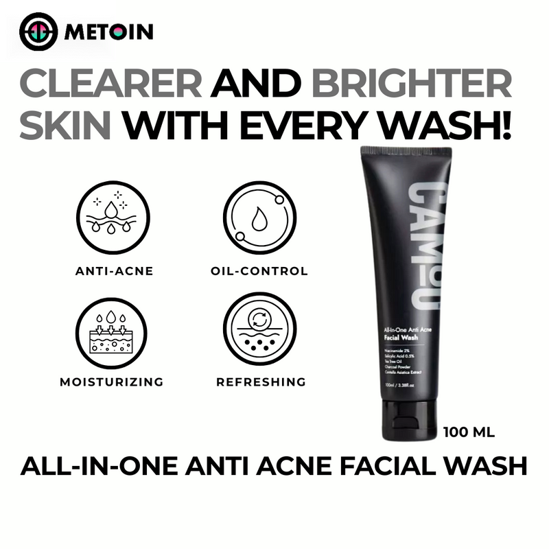 100ml Metoin Facial Wash 0.5% Salicylic 2% Niacinamide All-In-One Anti Acne Tea Tree Oil Centella Asiatica Extract Charcoal Powder Skincare Cleansing Cleanser Facial Cleansing Bright Clear Oil Control Pore Squeeze Tightening Skin Repair Salicylic Acid