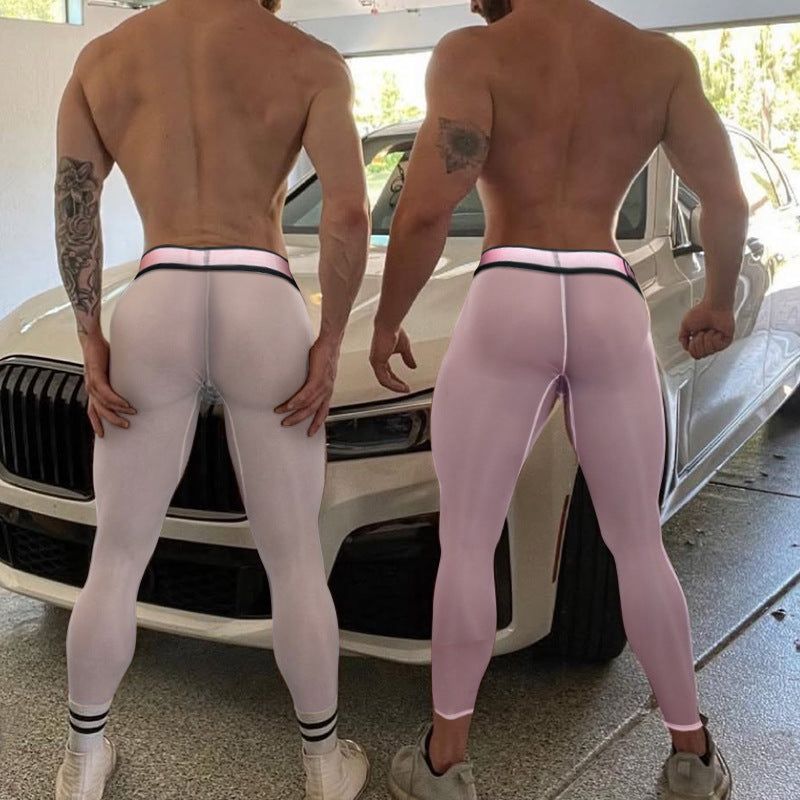 METOIN 2025 New Men's Ice Silk Quick Dry Running Tights Ultra Thin Summer Transparent High Elastic Inner Leggings