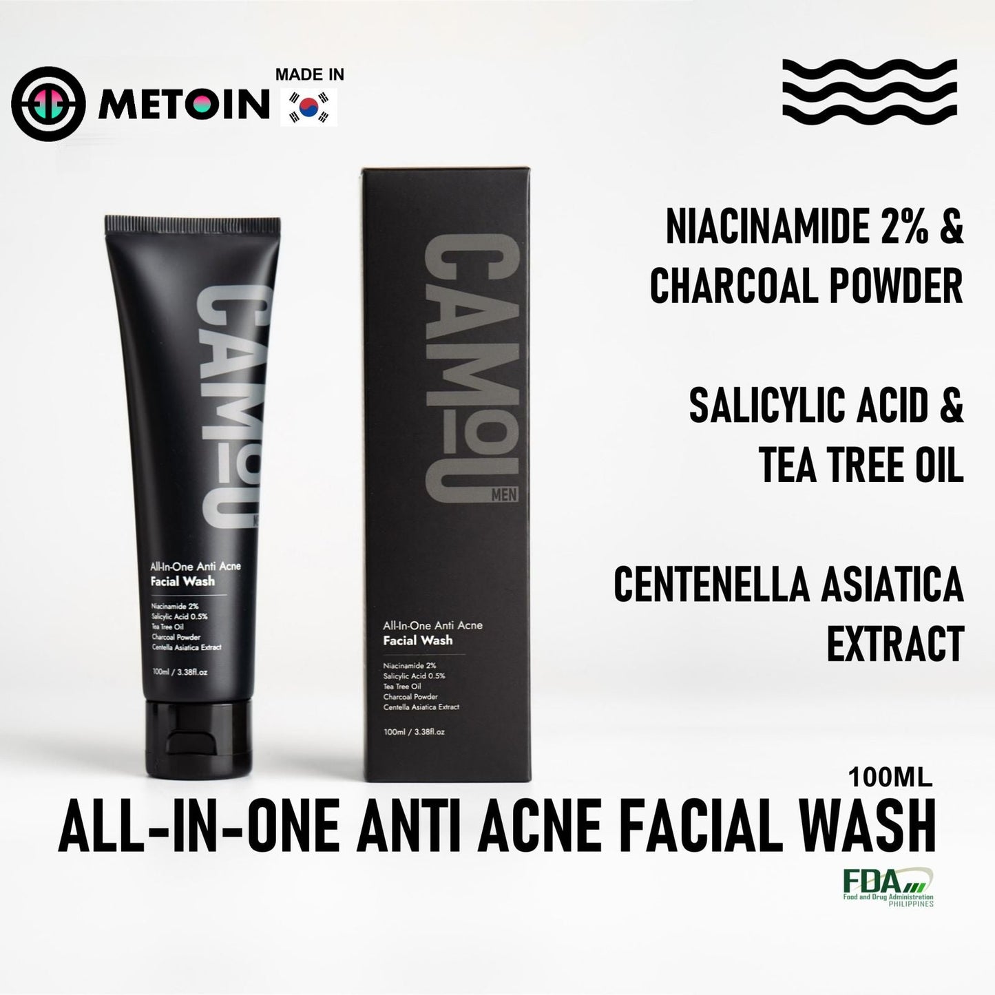 100ml Metoin Facial Wash 0.5% Salicylic 2% Niacinamide All-In-One Anti Acne Tea Tree Oil Centella Asiatica Extract Charcoal Powder Skincare Cleansing Cleanser Facial Cleansing Bright Clear Oil Control Pore Squeeze Tightening Skin Repair Salicylic Acid