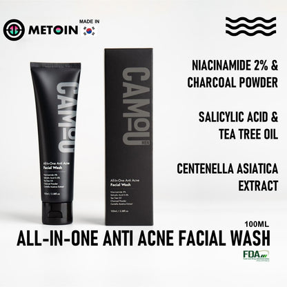 100ml Metoin Facial Wash 0.5% Salicylic 2% Niacinamide All-In-One Anti Acne Tea Tree Oil Centella Asiatica Extract Charcoal Powder Skincare Cleansing Cleanser Facial Cleansing Bright Clear Oil Control Pore Squeeze Tightening Skin Repair Salicylic Acid
