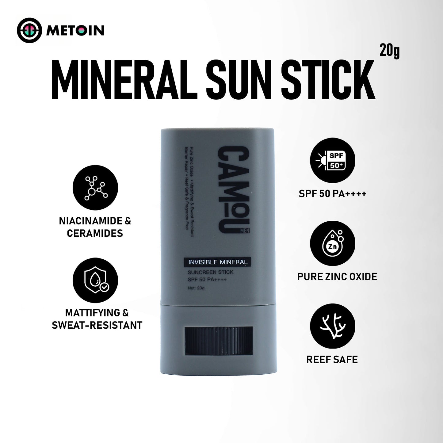 20g METOIN Men's Mattifying Sun Stick SPF50 PA++++ Oil Control No White Cast Vitamin C Sweat Resistant Aloe Vera Cotton Extract Sunscreen