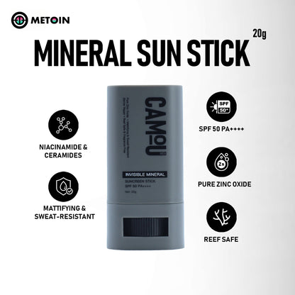 20g METOIN Men's Mattifying Sun Stick SPF50 PA++++ Oil Control No White Cast Vitamin C Sweat Resistant Aloe Vera Cotton Extract Sunscreen