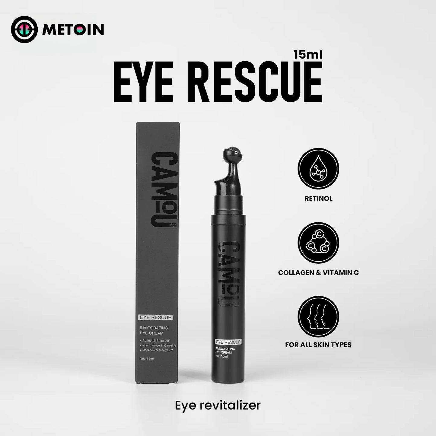 Metoin Men's Eye Rescue Invigorating Eye Cream with Metal Applicator Collagen Retinol Bakuchiol Niacinamide Caffeine