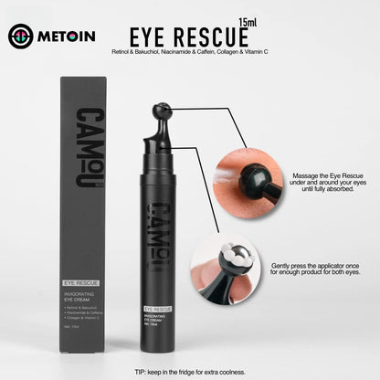 Metoin Men's Eye Rescue Invigorating Eye Cream with Metal Applicator Collagen Retinol Bakuchiol Niacinamide Caffeine